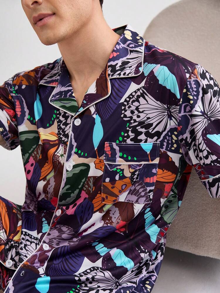 Men's Butterfly Allover Print Short Sleeve Shirt And Shorts Set, Summer Casual Home Clothing