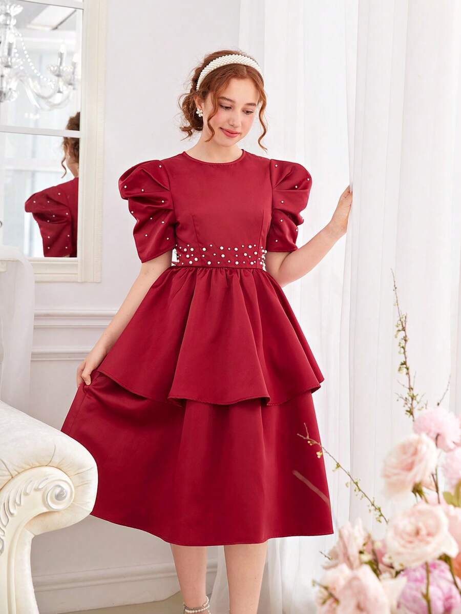 SHEIN Teen Girl Red/Burgundy Short Sleeve Beaded Computer Embroidery Waistband Tiered Ruffle Hem Princess Style Elegant Dress For Formal Party - Red - View 1