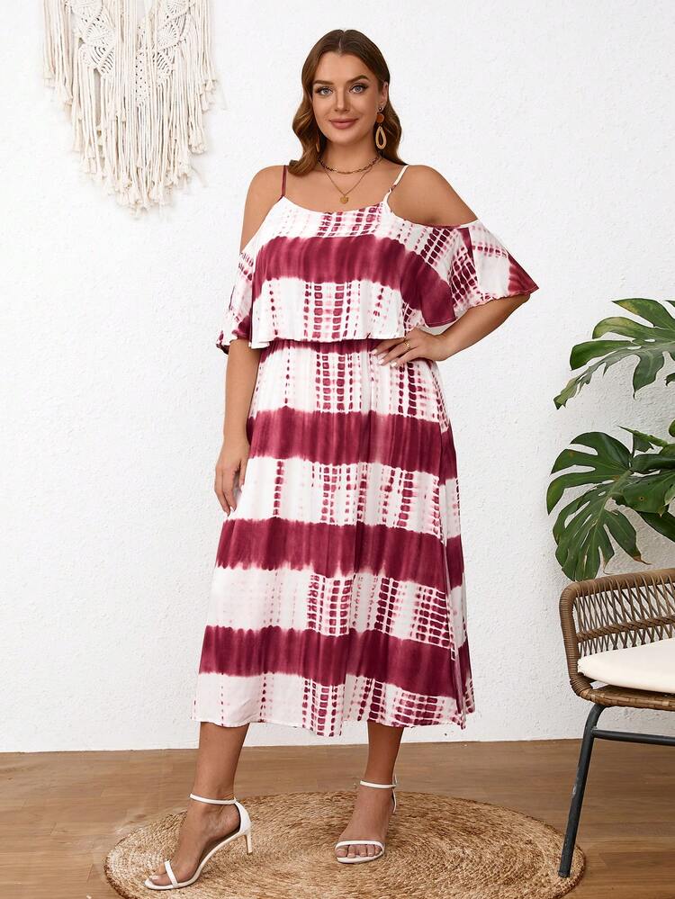 Plus Size Printed Open Shoulder Casual Vacation Style Summer Tank Dress