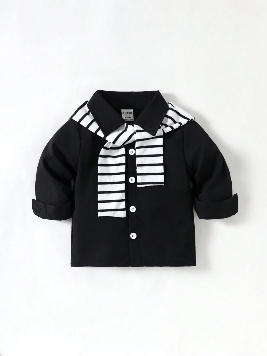 Souflis Souflis Baby Boy Spring/Summer Leisure Blue & White Stripe Shirt With Shawl Suiting French Holiday Style - Black - View 1