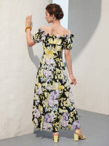 MOTF PREMIUM FLORAL PRINT OFF SHOULDER RUFFLE TRIM TIERED HEM DRESS