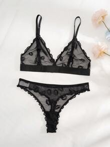 PetitDoll Breathable Lip Pattern Mesh Triangle Cup Bra And Thong Set Wireless Lingerie - Black - View 3