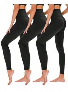 SHEIN Essnce 大码女式休闲运动修身紧身裤 3 条装、女式下装、女式长裤、曲线裤 - 黑色 - 查看 6