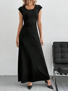 SHEIN Tall Solid Color A-Line Waist Cinched Long Dress Elegant Dress