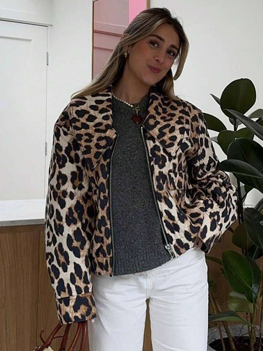 Women's Fashionable Casual Leopard Print Jacket, Spring/Autumn - Multicolor - View 1