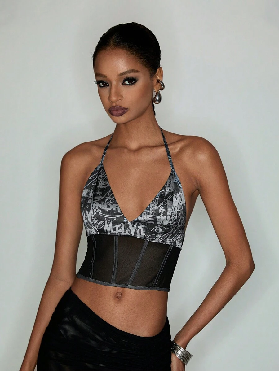 Studio Mila Sanchez Artist Dark Casual Printed Mesh Crop Halter Top For Women, Holiday, Going Out, Festival, Western Wear - Black - View 1