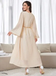 Modelyn Women's Solid Color Pleated Summer Arabic Style Long Sleeve Dress With Round Neckline, Elegant