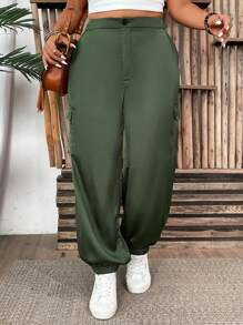 Plus Size Solid Color Drawstring Waist Casual Tapered Pants With Pockets