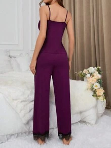 Ladies' Contrast Color Lace Patchwork Spaghetti Strap Top & Long Pants & Belted Robe Pajamas Set, Fall Winter Clothes - Dusty Purple - View 5