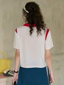 Simple Retro Women's Short Sleeve Colorblock Collar T-Shirt - White - View 2
