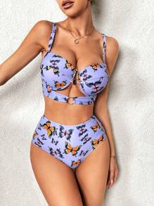 Swim DD+ Bộ Bikini Nữ Cắt ra Nhẫn Loại bướm - Màu tím - Xem 3