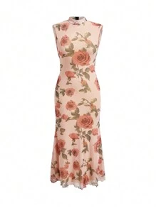 Aloruh Women's Romantic Date/Party Long Knitted Dress With Rose Flower Print