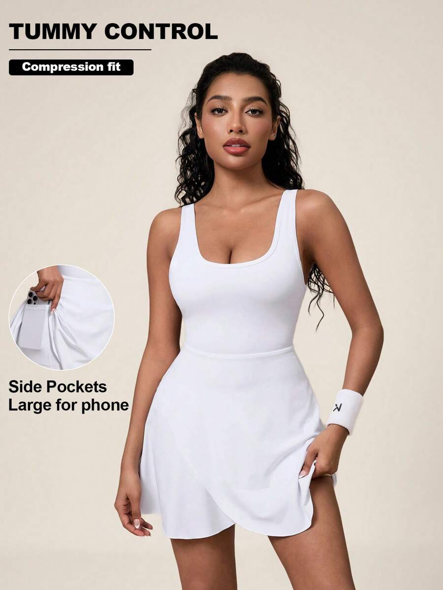 SHEIN Sports Women's Sports Romper Dress With Built-In Shorts And Pockets - White - View 1