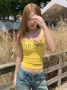 夏季休闲字母印花吊带背心 - 黃色 - 查看 1