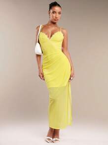 SHEIN BAE Robe cami élégante à fente latérale et dentelle insérée - Jaune citron - Voir 5