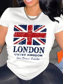 Maweii Plus Size Stylish London Union Jack Printed Casual Short Sleeve T-Shirt, LONDON UNITED KINGDOM Graphic Tees Women Tops, For Summer