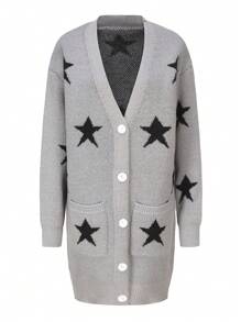 SHEIN LUNE 女士休閒風單排釦星星圖案針織衫