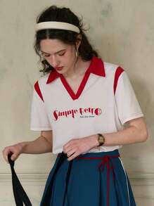 Simple Retro Women's Short Sleeve Colorblock Collar T-Shirt - White - View 1