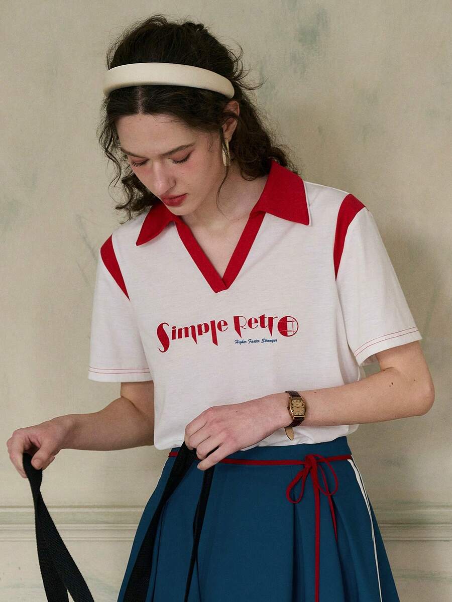 Simple Retro Women's Short Sleeve Colorblock Collar T-Shirt - White - View 1