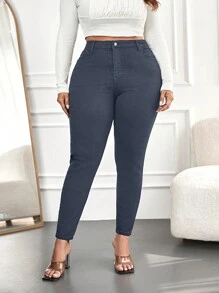 SHEIN Cottnline Plus Size High Waist Skinny Jeans - Light Grey - View 1