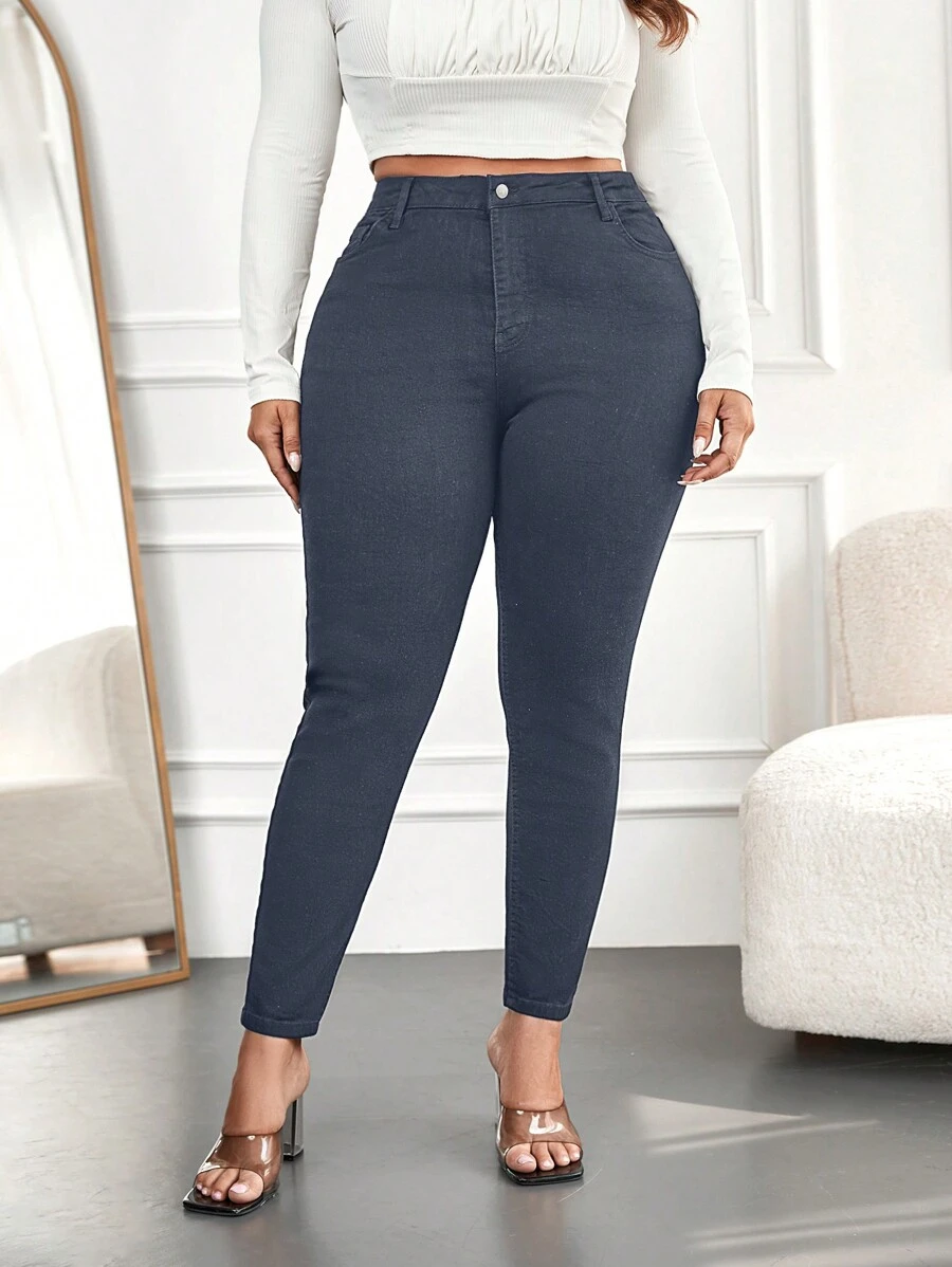 SHEIN Cottnline Plus Size High Waist Skinny Jeans - Light Grey - View 1