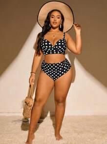 Swim Mod Plus Size Polka Dot Print Vacation Swimwear Bikini Set With Swimming Top And Bottom Summer