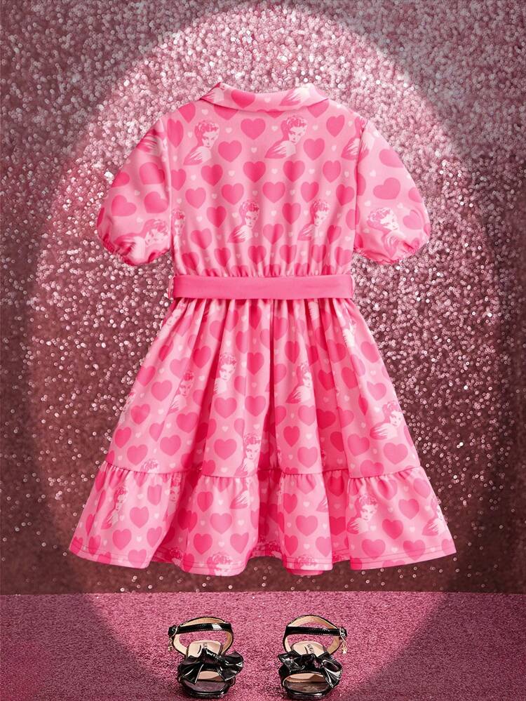 Young Girl Heart Print Puff Sleeve Belted Dress