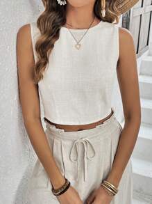 SHEIN Frenchy Women's Linen Pants Old Money Style Texture Wide Leg Pants Winter Casual - Apricot - View 7