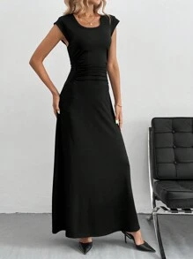 SHEIN Tall Solid Color A-Line Waist Cinched Long Dress Elegant Dress