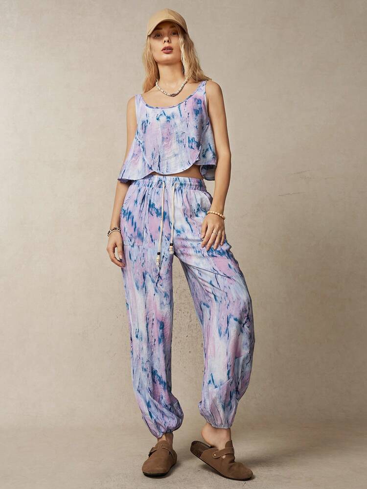 Vacation Women's Tie-Dye Printed Round Neck Top And Pants Casual Two-Piece Set