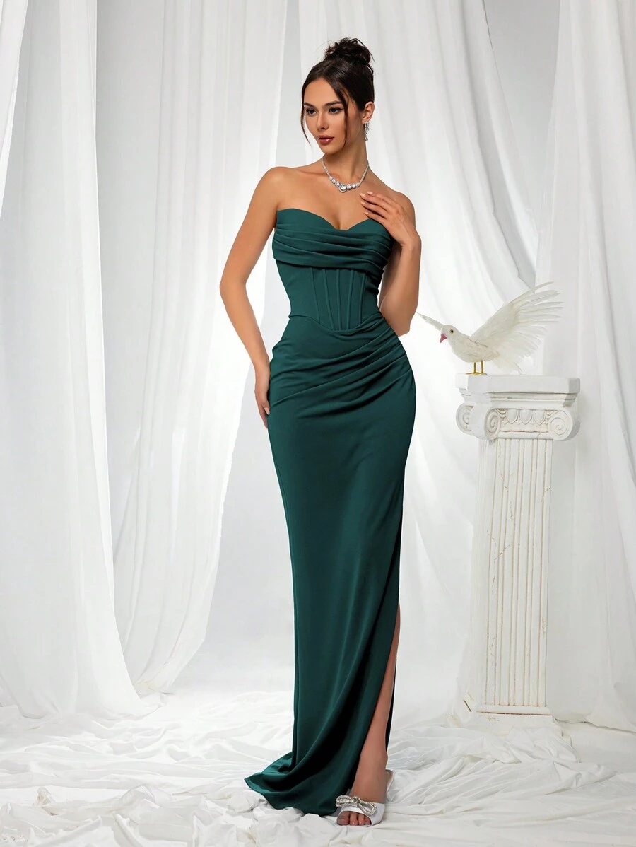 VIPGIRL Green Strapless Slit Elegant Women Evening Gown, Bridesmaid Dress - 墨綠色 - 查看 1