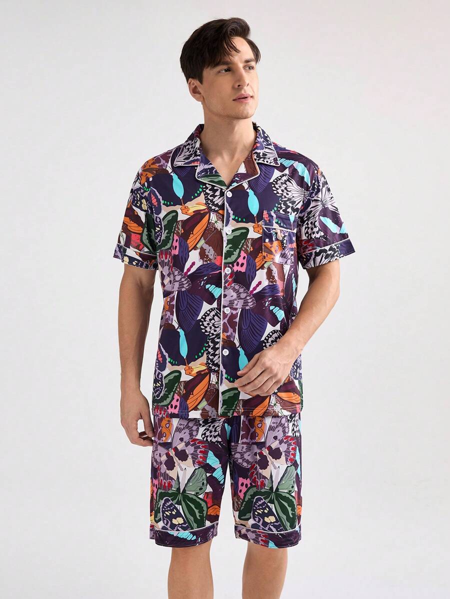 Conjunto de camisa y pantalón corto con estampado de mariposas para hombres, ropa de verano y de estar en casa casual