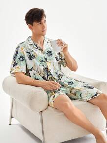 Men's Summer Floral Printed Short Sleeve Shorts Homewear Set