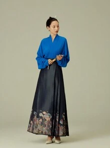 Chinese Style Horse-Face Skirt With Lotus Jacquard Weave Lady's Long Skirt - Blue - View 3