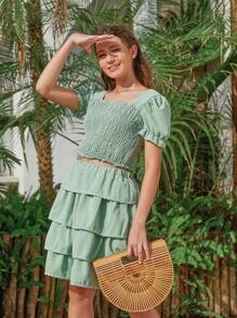 Teen Girl Green Square Neck Short Sleeve Top & Green Midi Cake Skirt & Long Sleeve Square Neck Running Top & Casual Crossed Casual Pants Family Matching Outfits (4 Sets Sold Separately) - Green - View 4