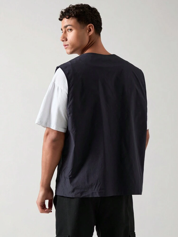 Men's Simple Woven Casual Zip Up Vest, For Fall Winter