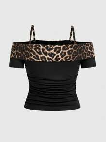 ROMWE J-Fashion Plus Size Women's Fashionable Leopard Print Short Sleeve Off-The-Shoulder T-Shirt - Multicolor - View 2