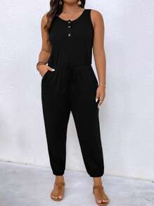 EMERY ROSE Bộ áo liền quần không tay màu trơn cỡ lớn dành cho nữ, kiểu dáng đơn giản - màu đen - Xem 1