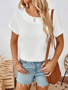 SHEIN LUNE Weißes Lässig-T-Shirt für Damen mit Fledermausärmeln und dezentem Schlitz am Saum