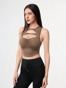 Easithlete Summer Solid Color Twist Twist Hollow Out Slim Fit Cropped Sports Tank Top Workout Tops - Brown - View 6