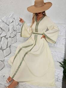 Lace Decor Long Sleeve Arab Style Women's Dress - Apricot - View 4