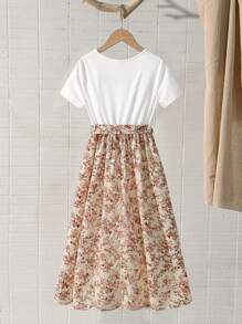 Tween Girl Simple Daily Dress With Ditsy Floral - Multicolor - View 2