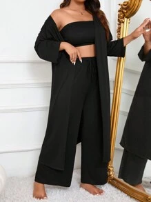 Plus Size 3pcs Soft And Skin-Friendly Plain Pajama Set With Robe & Tube Top And Wide-Leg Pants, Clothes, Cozy Outfit, Fall & Winter - Black - View 5