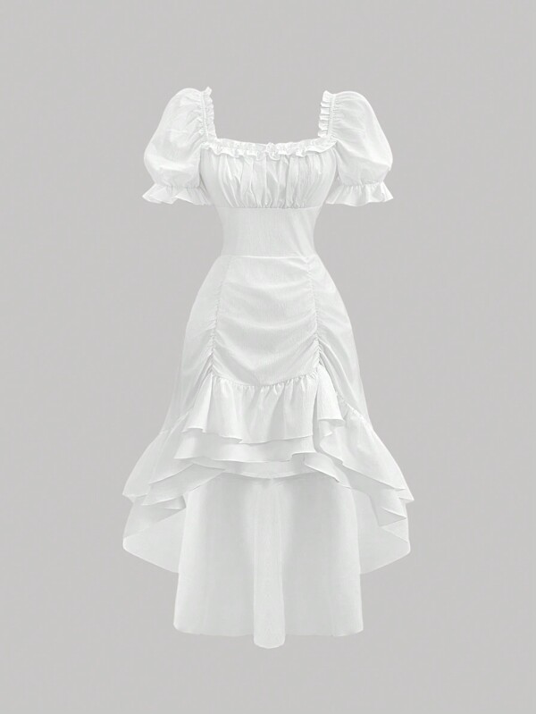 SHEIN MOD Plus Size White Vintage Square-Neck Puff Sleeve Asymmetrical Hem Long Dress For Teenage Girls,Graduation Dress