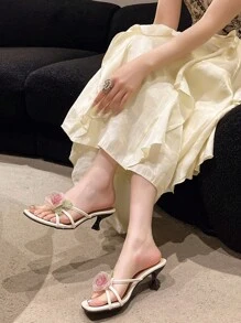 女士3D花卉重負載馬卡龍色高跟涼鞋，隨機雙色花卉裝飾