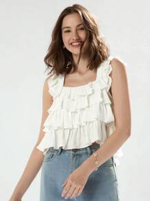 Enchnt Ladies Solid Color Tiered Layer Sleeveless Summer Blouse - White - View 5
