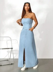 SHEIN EZwear Women's Denim Strapless Dress Casual Split Thigh Open Back Dress, Blue - Blue - View 7