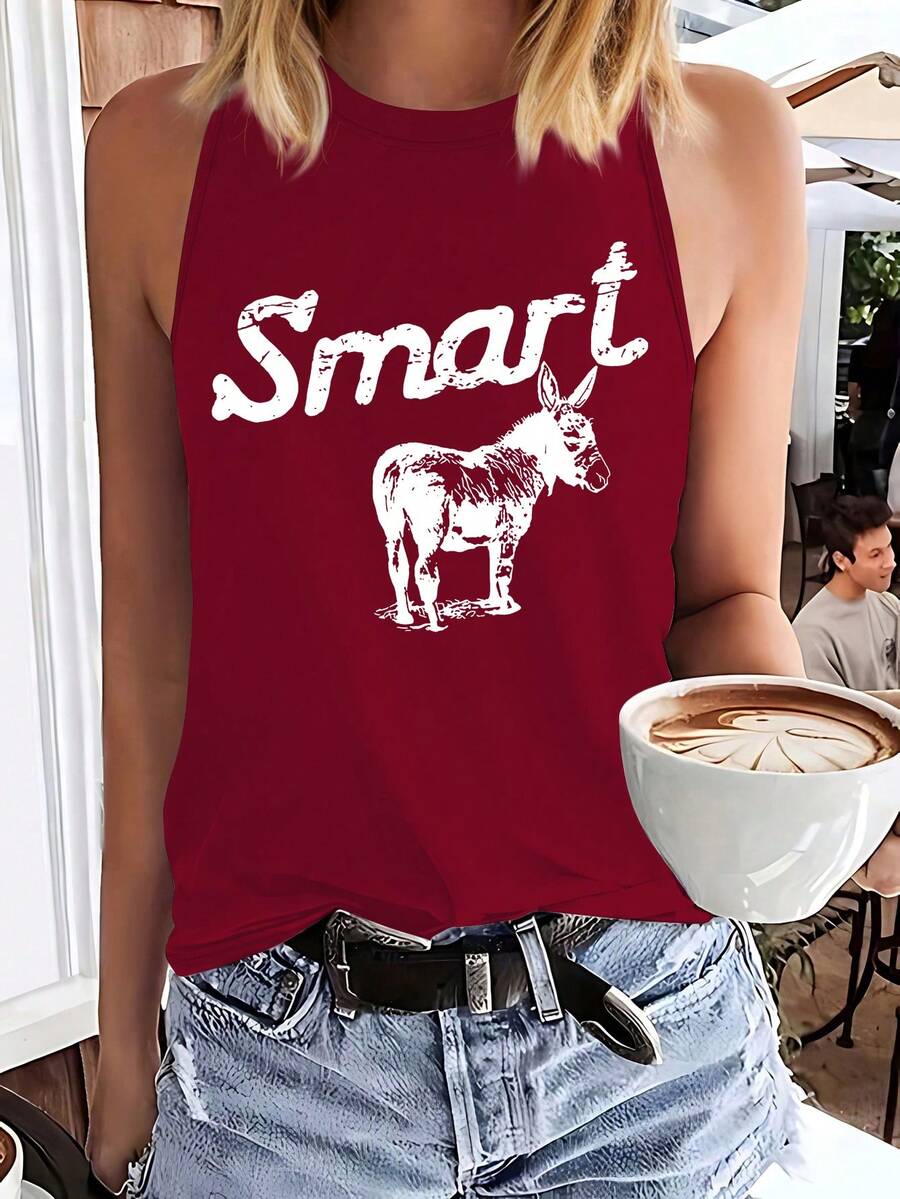SHEIN LUNE Cartoon Animal Donkey Printed Women's Round-Neck Top For Summer - Red - View 1