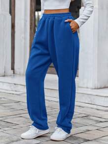 SHEIN Cottnline Women's Letter Print Straight Sweatpants - Royal Blue - View 5