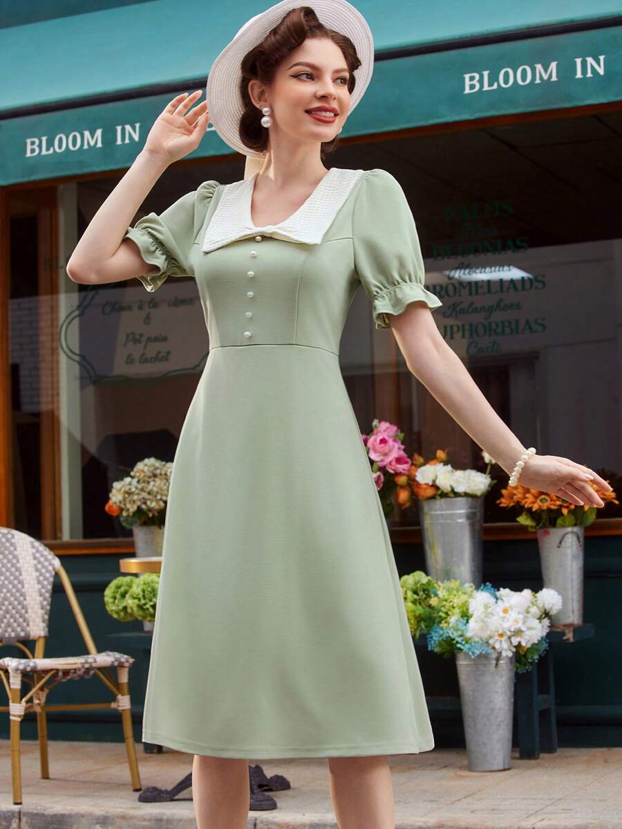 SHEIN DECDS Vestido vintage elegante de mujer con jacquard de punto remendado, de primavera/verano, de doble capa, cuello en V, manga abullonada con lazo, bajo plisado adornado con perlas falsas y encaje, verde, de estilo paraguas para vestir de verano, vestidos de mujer de largo midi, atuendo de mujer para conciertos, ropa vintage de mujer, atuendo de mujer para concierto de country - Verde - Ver 1